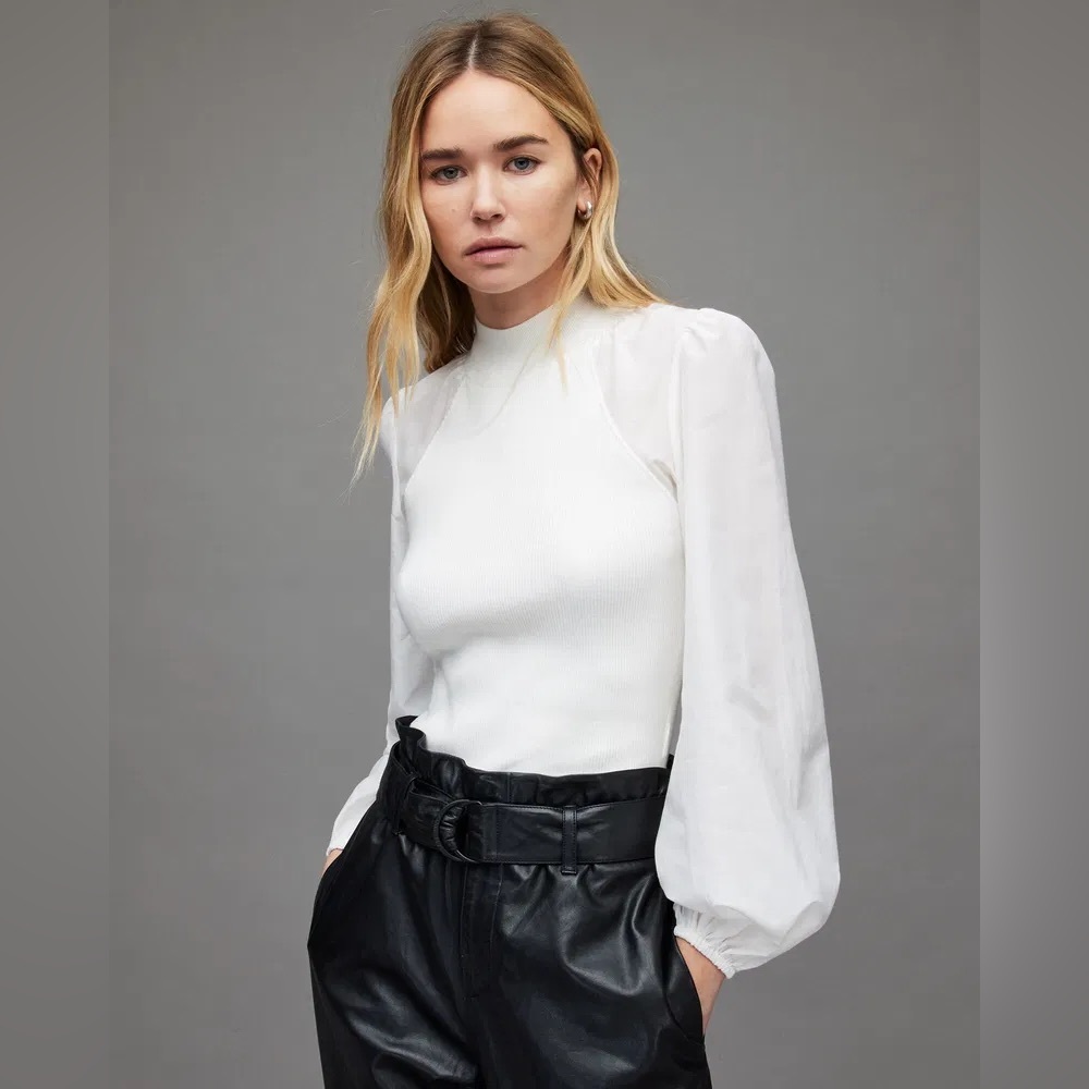 ALLSAINTS - Cleo Mixed Media Balloon Sleeve Top